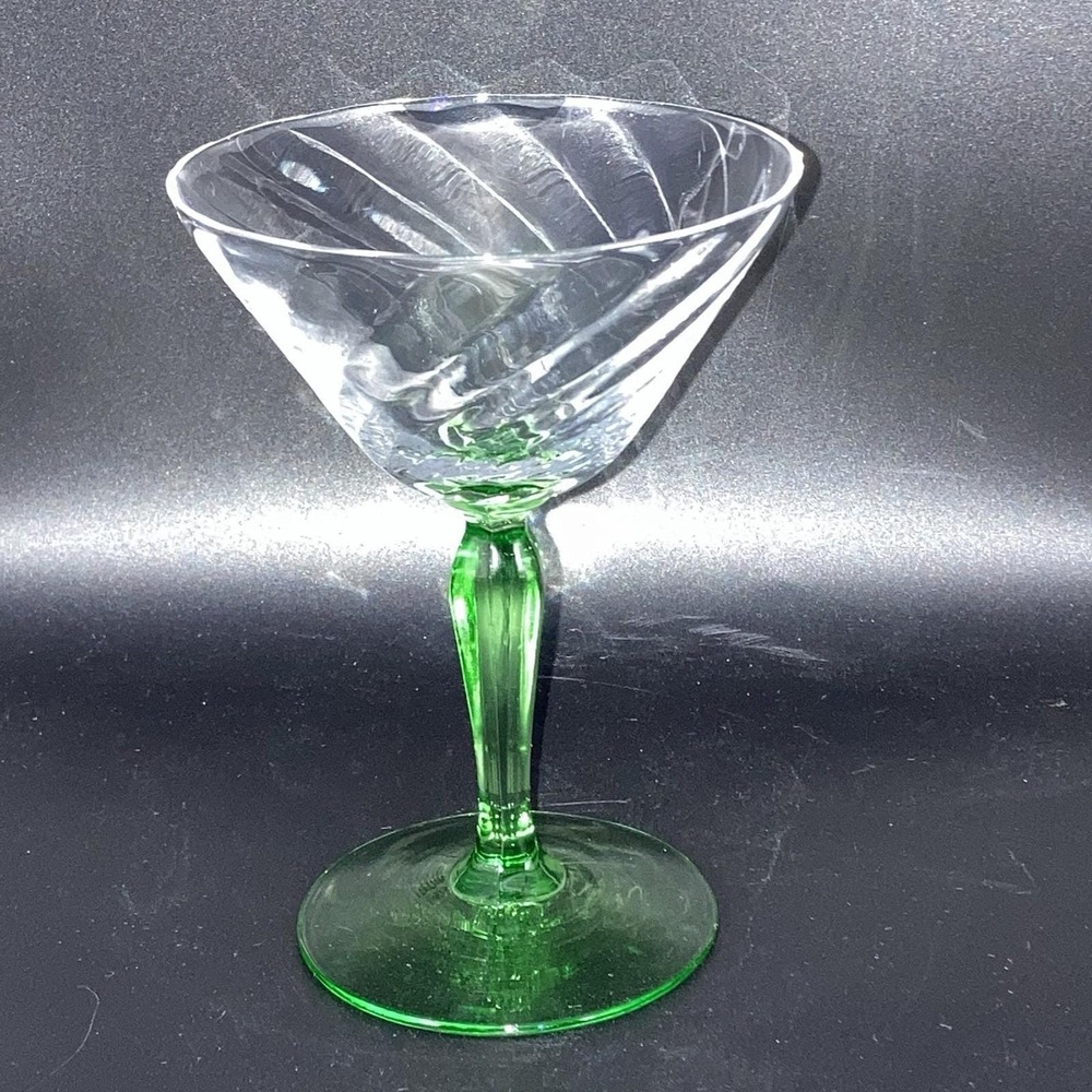 1 - Fostoria Green Stem Optic Swirl Cocktail Glass / Uranium 1940s / UV Glow